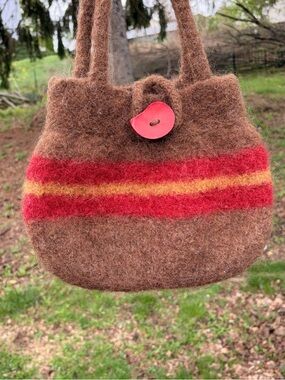 Handcrafted Brown Wool Felted Purse with Red and Yellow Stripes